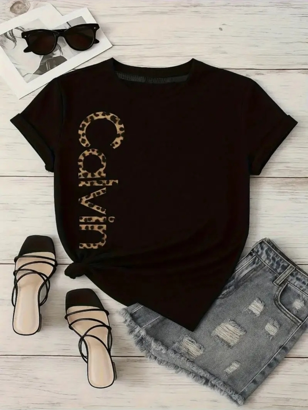 Black Women's Tee with Leopard Print Accent